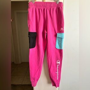 Champion Vibrant Pink Cargo Sweatpants with Black and light Blue Pockets, Size S